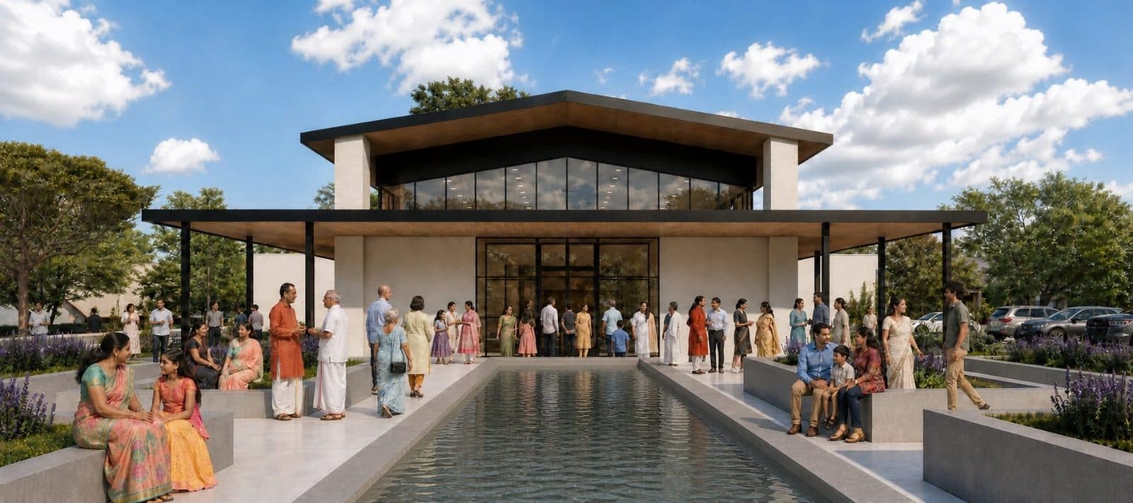Devotees gathered outside the new ISKCON Austin temple's front entrance and reflecting pool