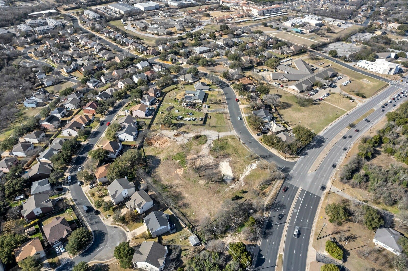 Aerial landmark view of the new temple property and surrounding Austin neighborhood